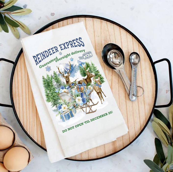 Christmas Blue Reindeer Express Flour Sack Tea Towel