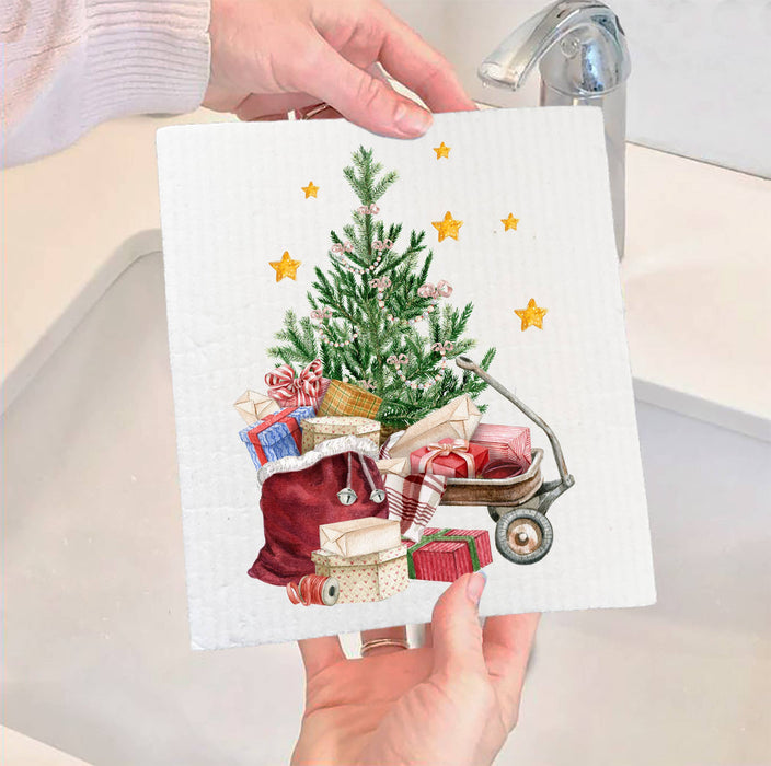 Christmas Tree Santa Red Wagon SWEDISH DISH CLOTH