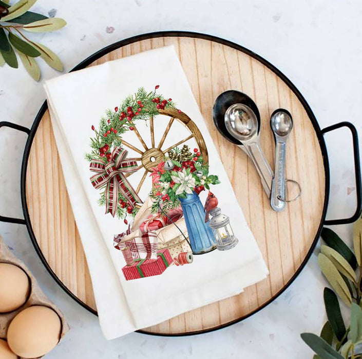 Christmas Wagon Wheel Presents Cardinal Flour Sack Tea Towel