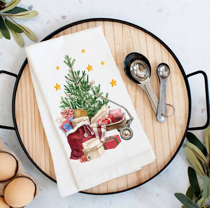 Christmas Tree Santa Red Wagon Flour Sack Tea Towel