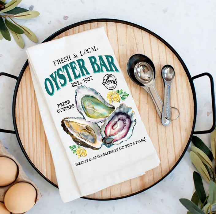 Oysters Bar Fresh & Local Coastal Beach Flour Sack Tea Towel