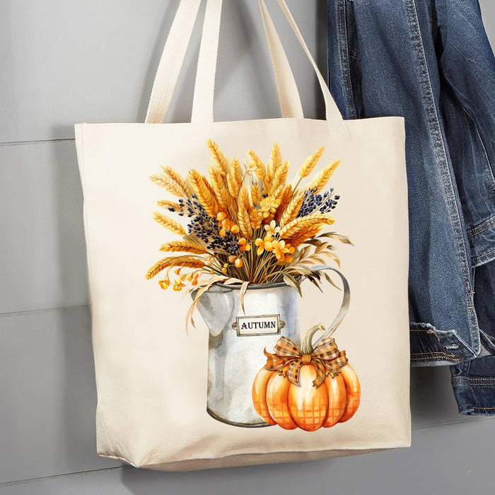 Fall Autumn Wheat Checkered Pumpkins 12 oz Canvas Tote Bag