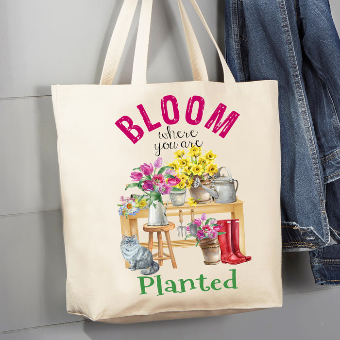Bloom where you're planted Flowers Cats 12 oz Canvas Tote Bag
