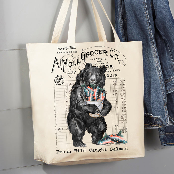 River to Table Bear and Salmon 12 oz Canvas Tote Bag