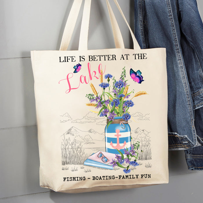 Life is Better at the Lake Flowers 12 oz Canvas Tote Bag