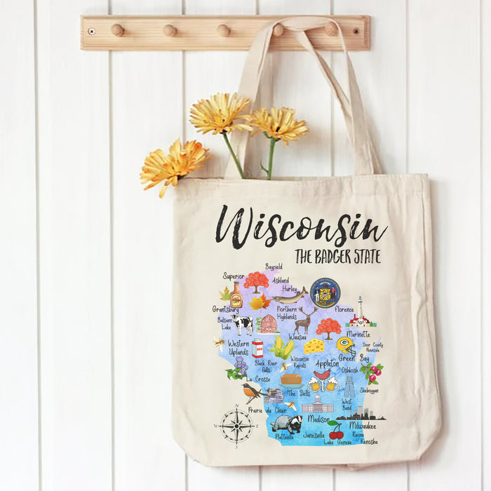 Wisconsin State Map Souvenir 12 oz Canvas Tote Bag