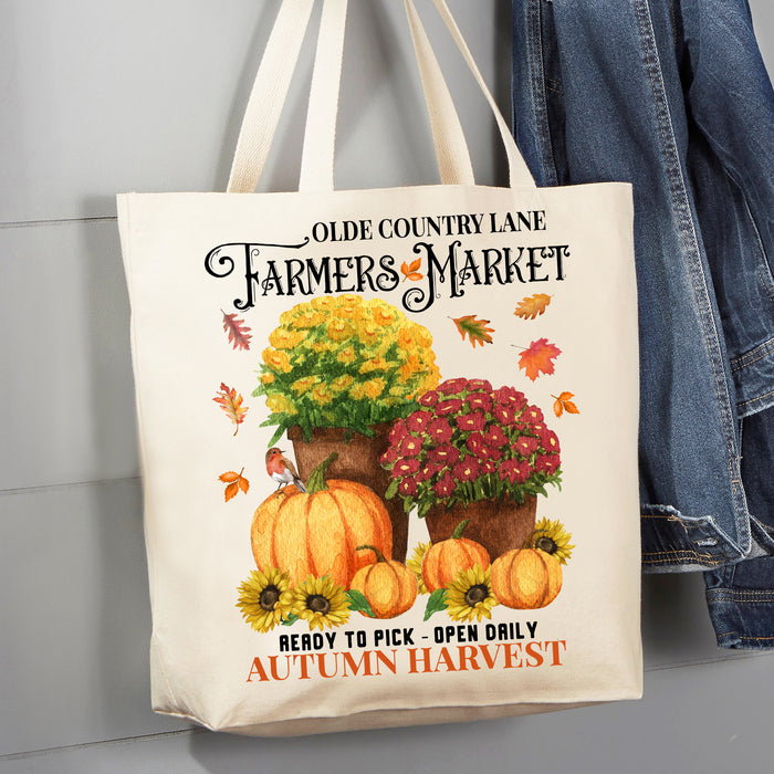 Fall Autumn Farmers Market Pumpkin & Mums 12 oz Canvas Tote Bag