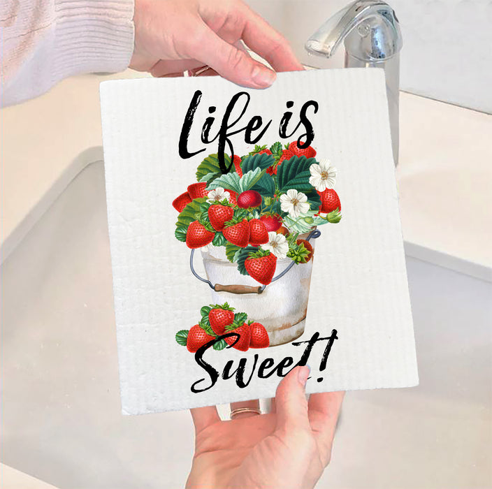 Life is Sweet Bucket of Strawberries Swedish Dish Cloth
