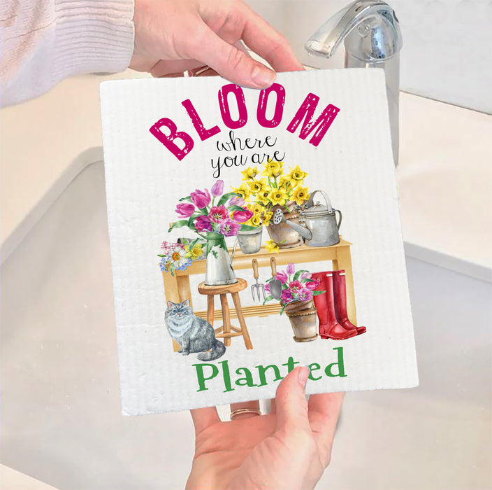 Bloom where you're planted Flowers Cats Kitchen Swedish Dish Cloth