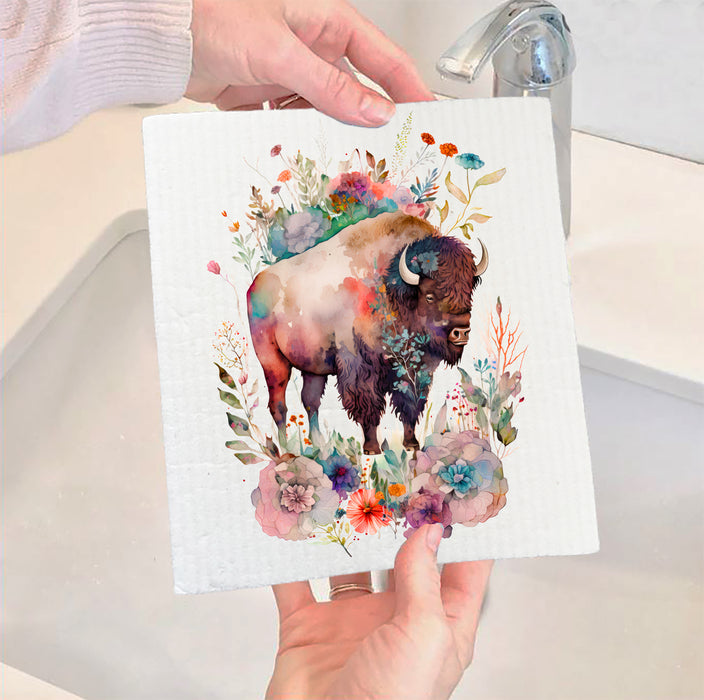Western Buffalo Colorful Flowers  Kitchen Swedish Dish Cloth