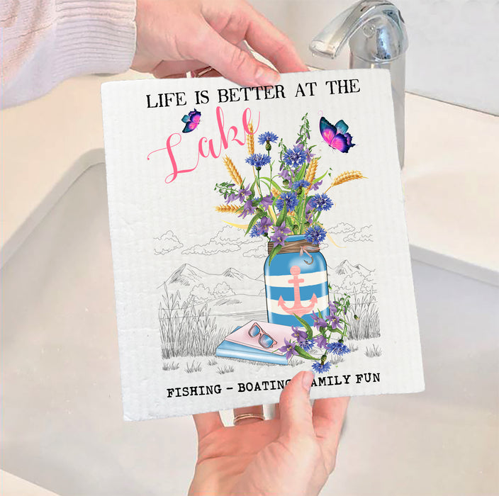 Life is Better at the Lake Flowers  Swedish Dish Cloth