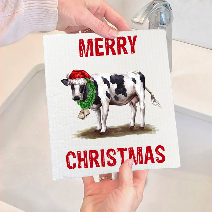 Farmhouse Merry Christmas Cow SWEDISH DISH CLOTHS