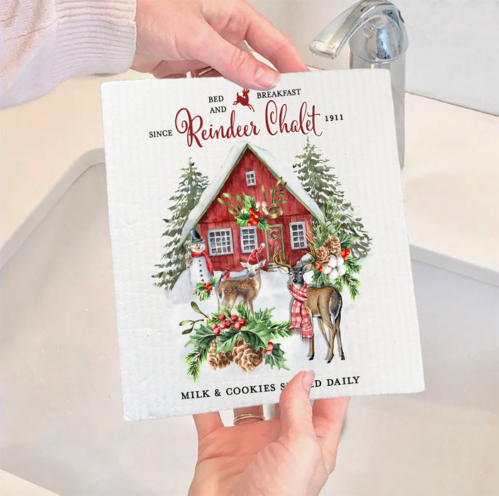 Christmas Reindeer Chalet Swedish Dish Cloth