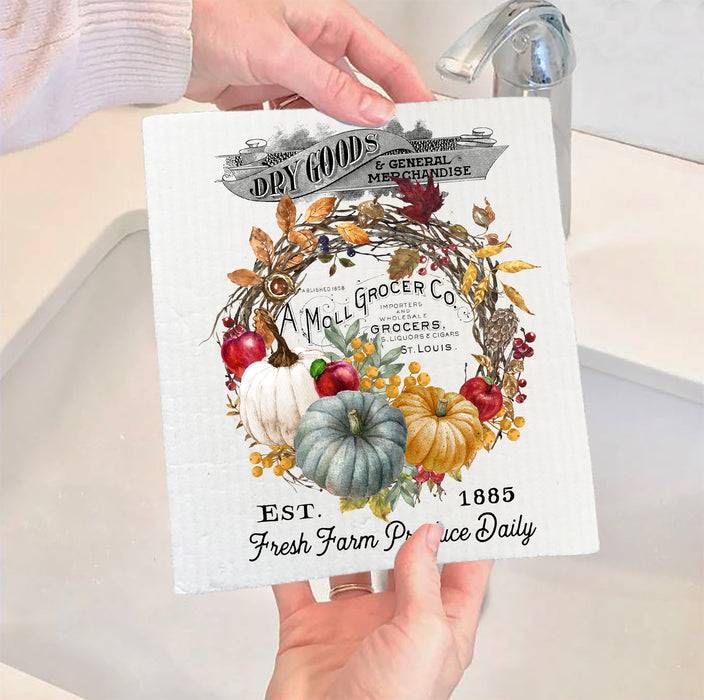 Vintage Autumn Fall Harvest Pumpkin Kitchen SWEDISH DISH CLOTH