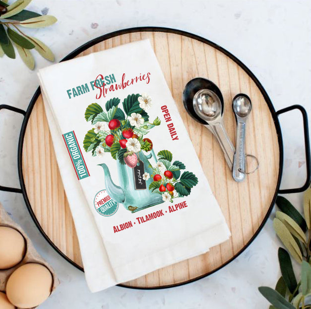 Farm Fresh Strawberries Farmers Market  Flour Sack Tea Towel