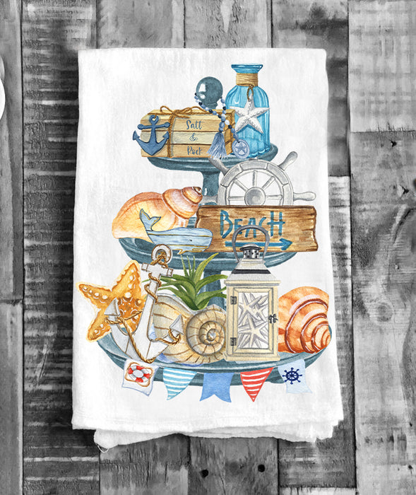 Beach Ocean Sea Shells 3 Tier Tray Flour Sack Tea Towel