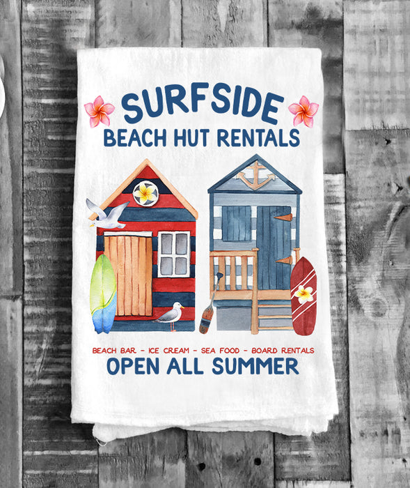 Surfside Beach Hut Summer Ocean Flour Sack Tea Towel
