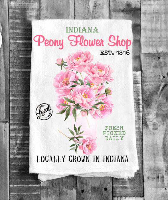 Indiana State Flower Peony Souvenir Flour Sack Tea Towel