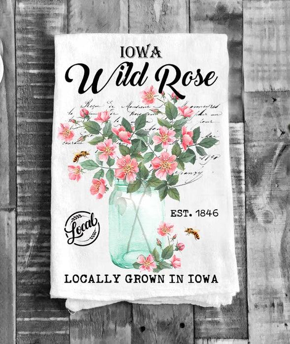 Iowa State Flower Wild Rose Souvenir Flour Sack Tea Towel