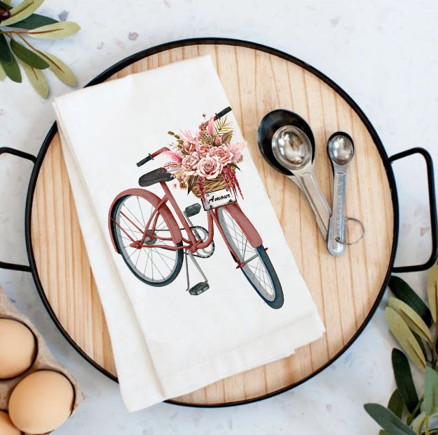 Valentine Flowers Pink Bicycle Flour Sack Cotton Tea Towels
