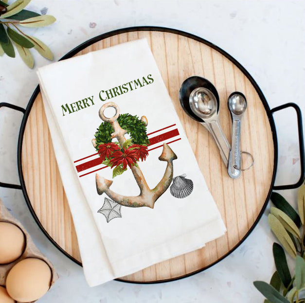 Merry Christmas Anchor Nautical Ocean Flour Sack Tea Towel
