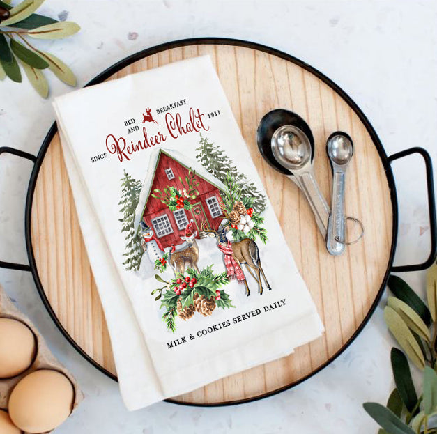 Christmas Reindeer Chalet Cotton Tea Towels
