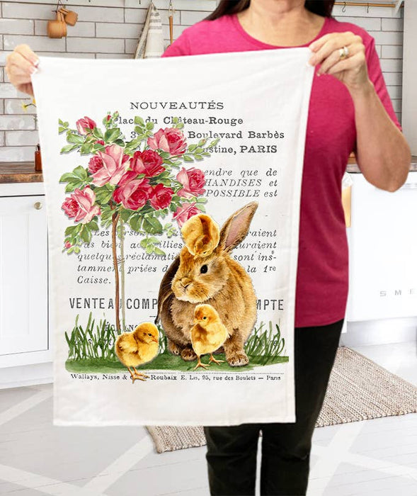 Vintage French Bunny Chicks Roses Terry Cloth Towels