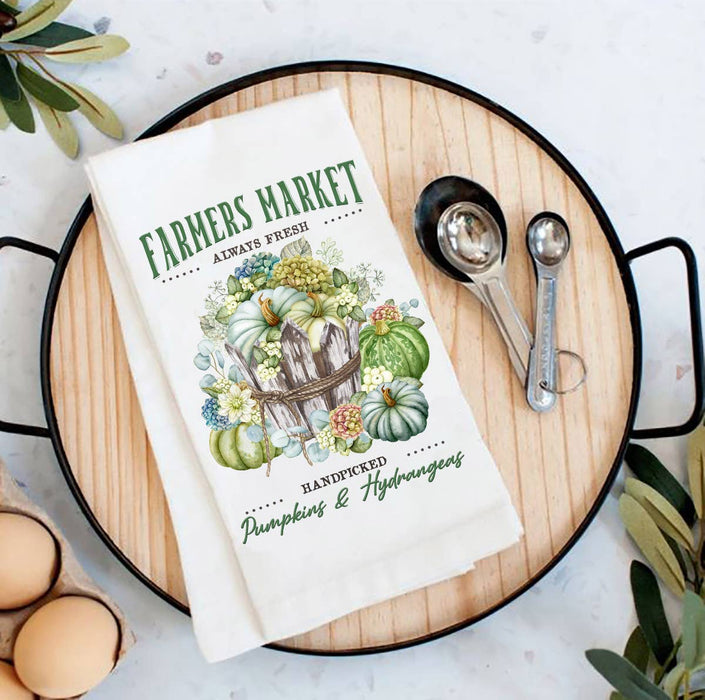 Autumn Fall Farmers Market Hydrangeas Flour Sack Tea Towel