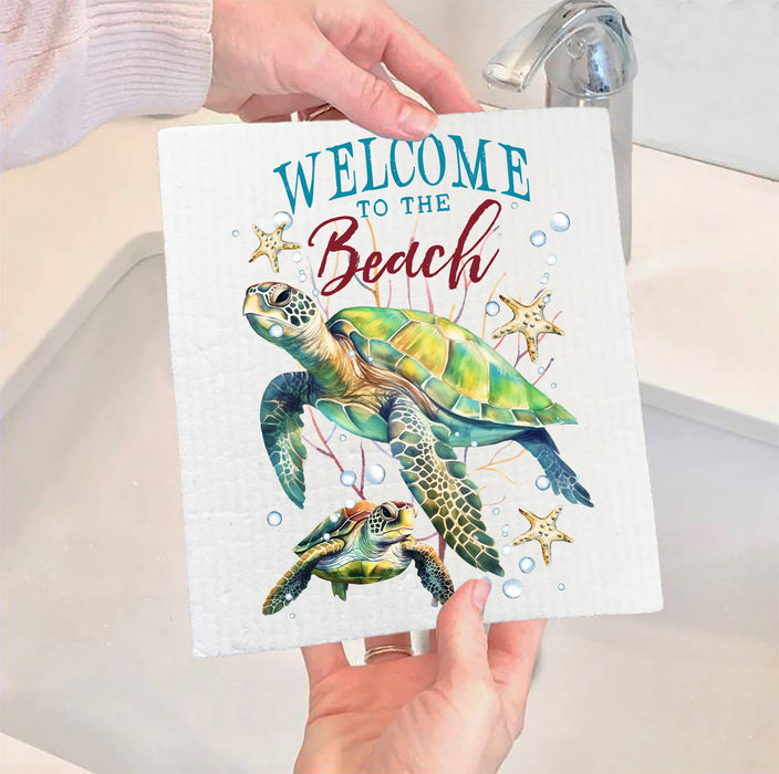 Coastal Sea Turtle Welcome to the Beach SWEDISH DISH CLOTH