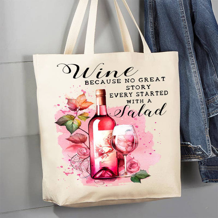 Wine No Story Starts with Salad Funny 12 oz Canvas Tote Bag