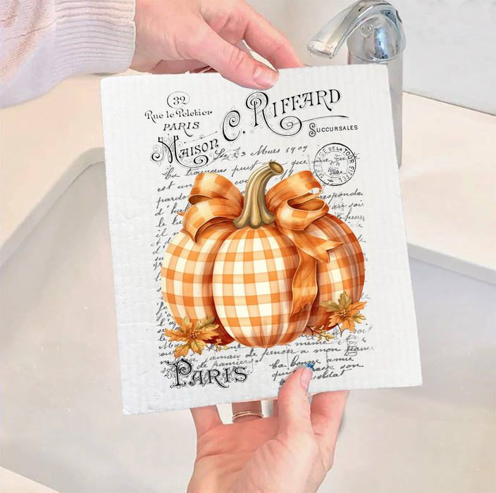 Fall Autumn French Checkered Pumpkins SWEDISH DISH CLOTH