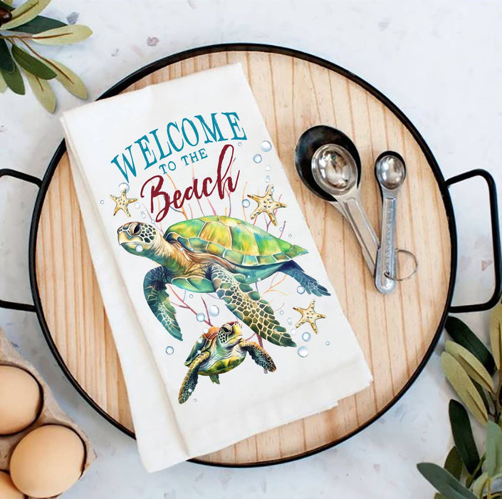 Coastal Sea Turtle Welcome to the Beach Flour Sack Tea Towel