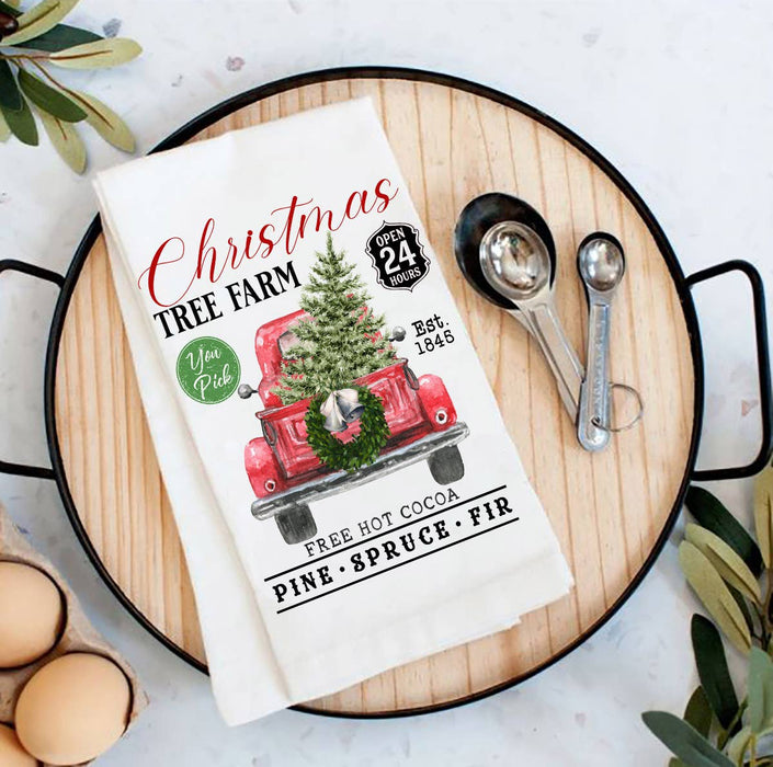 Christmas Tree Farm Red Pick Up Flour Sack Tea Towel