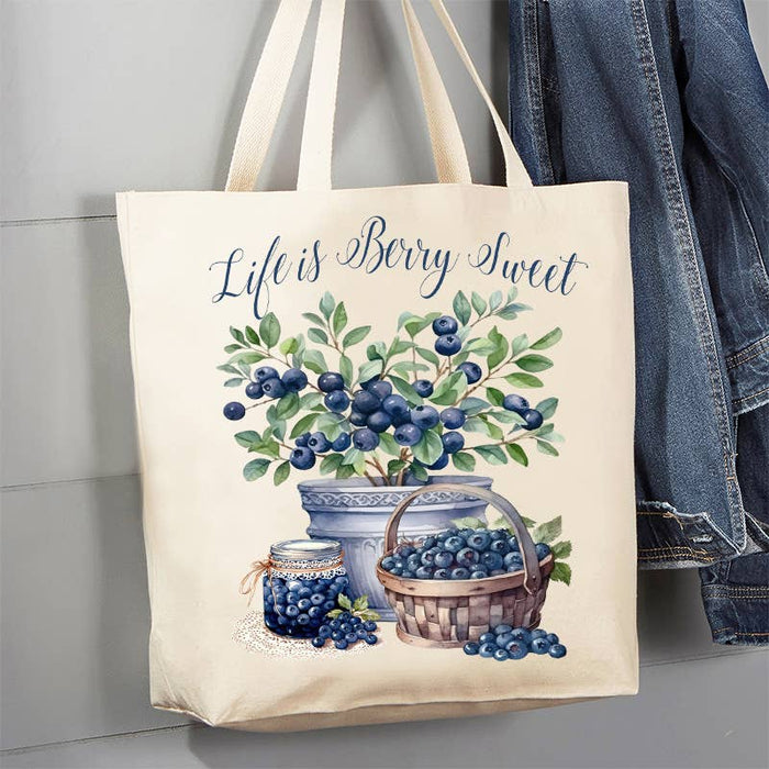 Life is Berry Sweet Blueberry Fruit Canvas Tote Bag-Large