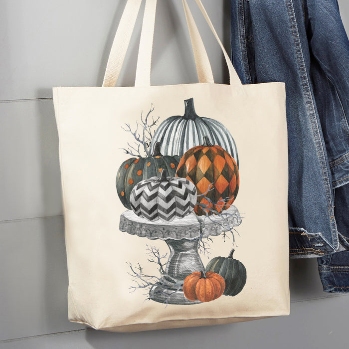 Halloween Checkered Stacked Pumpkins Canvas Tote Bag