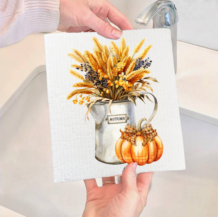 Fall Autumn Wheat Checkered Pumpkins SWEDISH DISH CLOTH