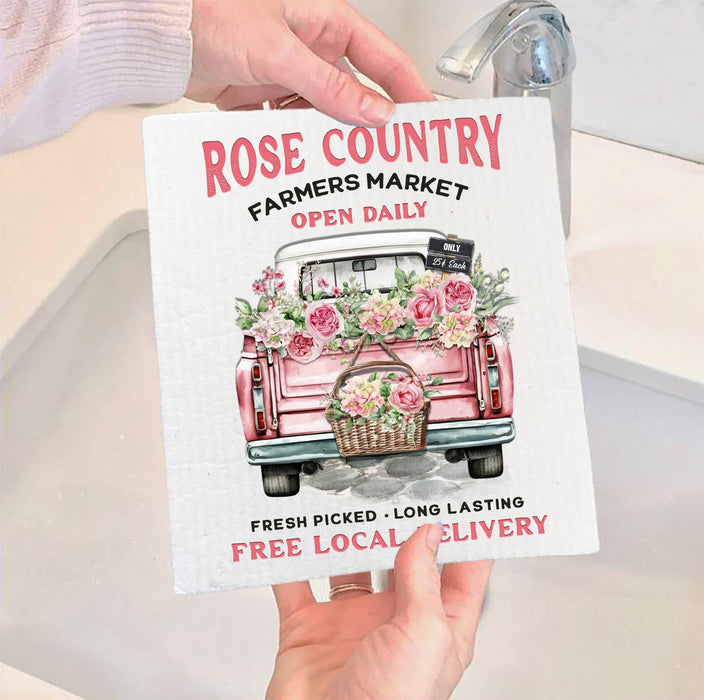 Country Rose Pink Pick Up Truck SWEDISH DISH CLOTH