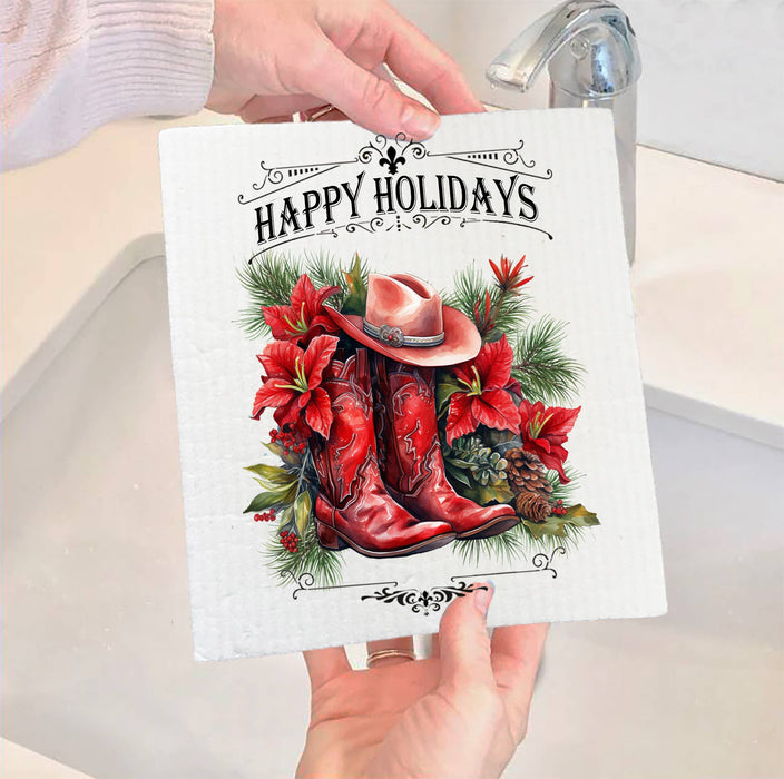 Christmas Red Cowboy Boots Western SWEDISH DISH CLOTH