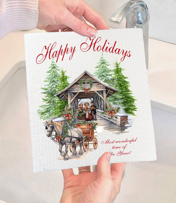 Christmas Cover Bridge Horse Carriage SWEDISH DISH CLOTH