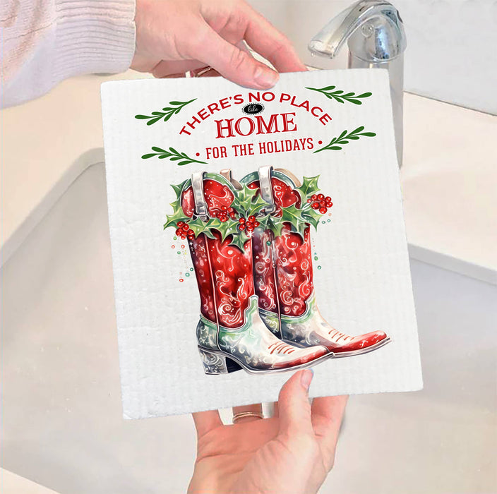 Christmas Holly Red Cowboy Boots Western SWEDISH DISH CLOTH