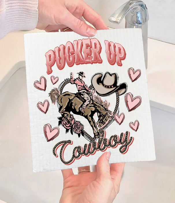 Valentine Pucker Up Cowboy Western SWEDISH DISH CLOTH