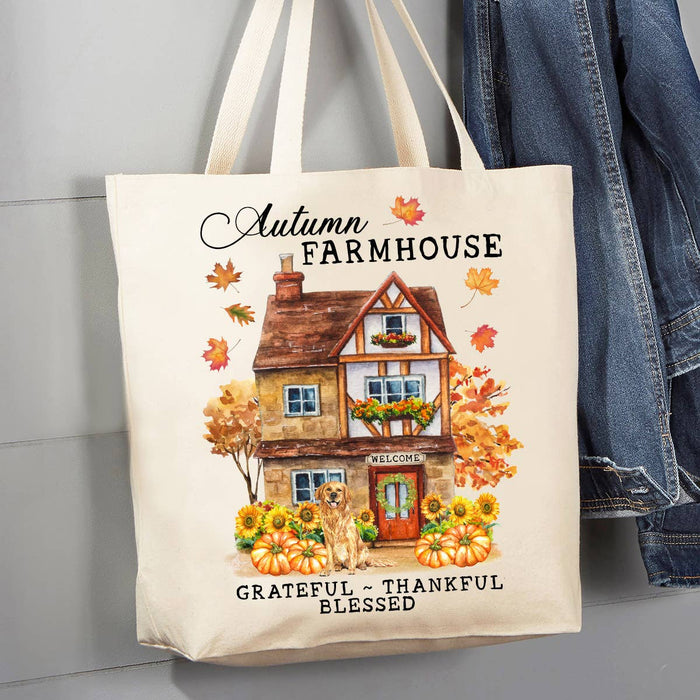 Autumn Fall Farmhouse Grateful Blessed 12 oz Canvas Tote Bag