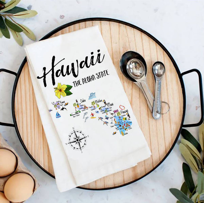 Hawaii State Map Souvenir  Flour Sack Tea Towel
