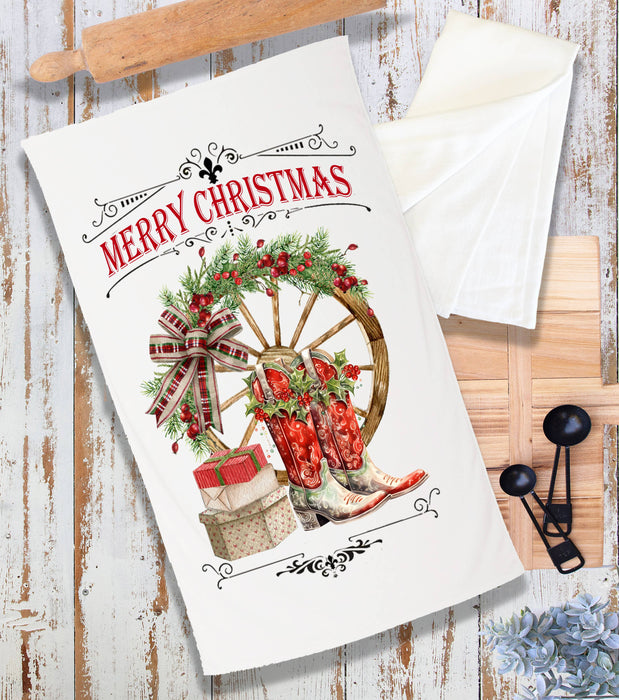 Merry Christmas Red Cowboy Boots Western Terry Cloth Towel