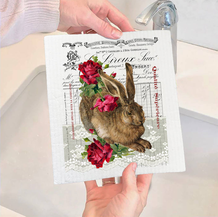Vintage French Bunny Roses Spring Swedish Dish Cloth