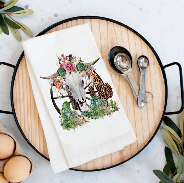 Western Cow Skull Cactus Southwestern Cotton Tea Towel