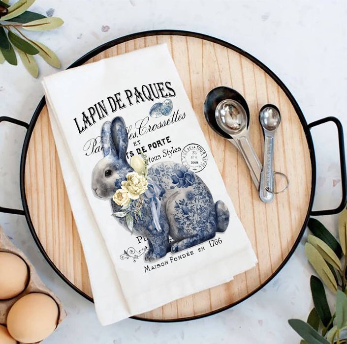 Easter Bunny Blue & White Chinoiserie Flour Sack Tea Towel