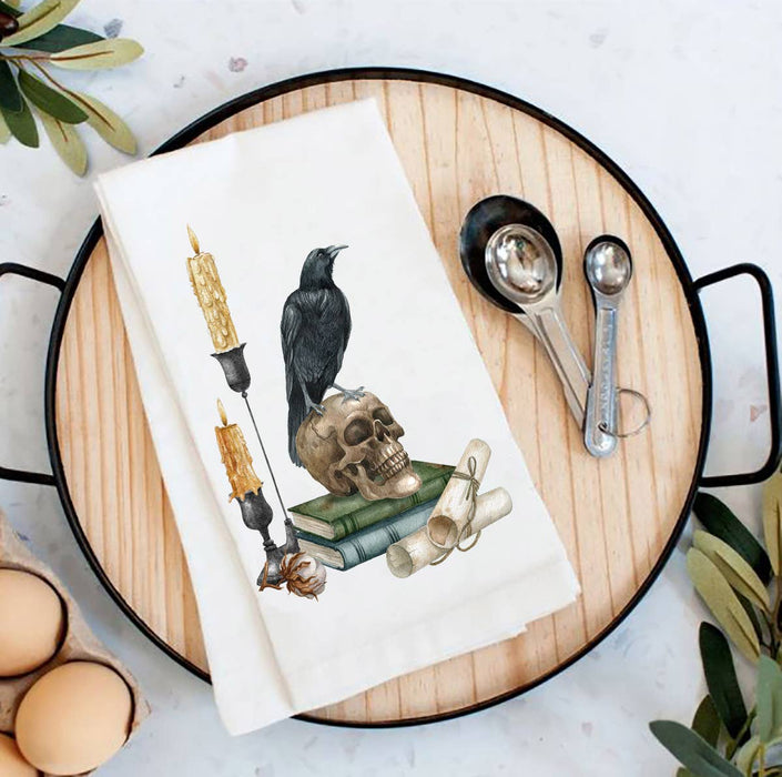 Halloween Black Crow Skull Candles Flour Sack Tea Towel