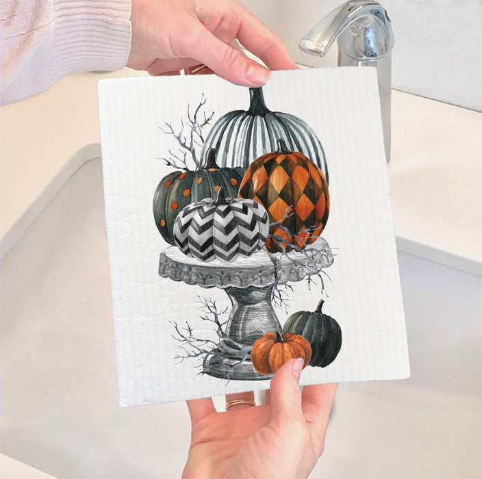 Halloween Checkered Stacked Pumpkins Swedish Cloth