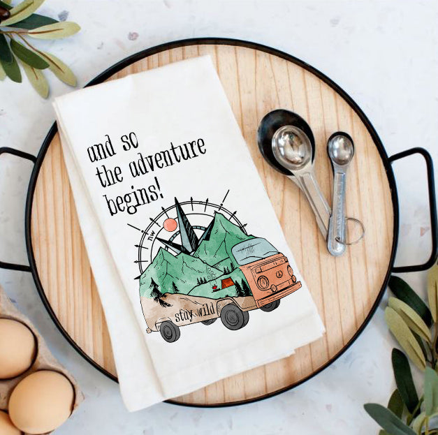 And So the Adventure Begins traveling camping hiking Tea Towel